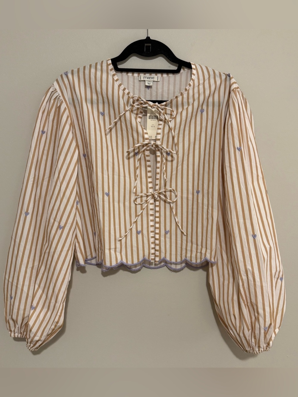 Maeve Striped Floral Embroidered Tie Front Balloon Sleeve Blouse Cottagecore - Picture 4 of 11